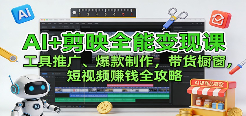 AI+剪映全能变现课：工具推广、爆款制作、带货橱窗，短视频赚钱全攻略-灵感工坊云网创