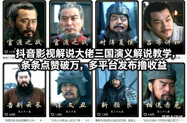 抖音影视解说大佬三国演义解说教学，条条点赞破万，多平台发布撸收益-灵感工坊云网创